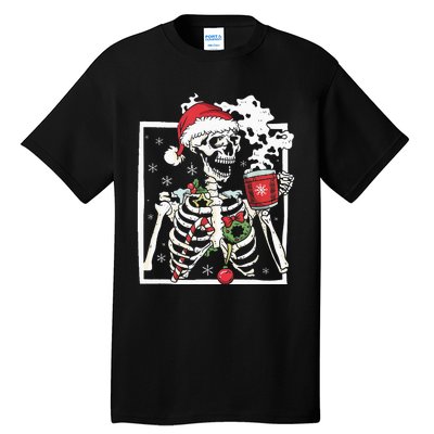 Christmas Skeleton With Smiling Skull Drinking Coffee Latte Tall T-Shirt