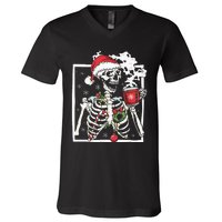 Christmas Skeleton With Smiling Skull Drinking Coffee Latte V-Neck T-Shirt