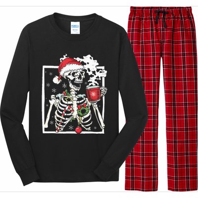 Christmas Skeleton With Smiling Skull Drinking Coffee Latte Long Sleeve Pajama Set