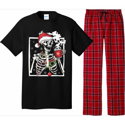 Christmas Skeleton With Smiling Skull Drinking Coffee Latte Pajama Set