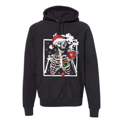 Christmas Skeleton With Smiling Skull Drinking Coffee Latte Premium Hoodie