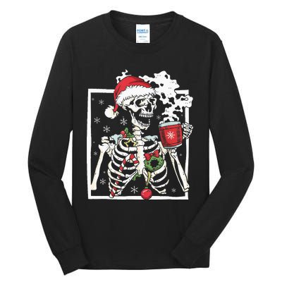 Christmas Skeleton With Smiling Skull Drinking Coffee Latte Tall Long Sleeve T-Shirt