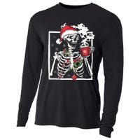 Christmas Skeleton With Smiling Skull Drinking Coffee Latte Cooling Performance Long Sleeve Crew