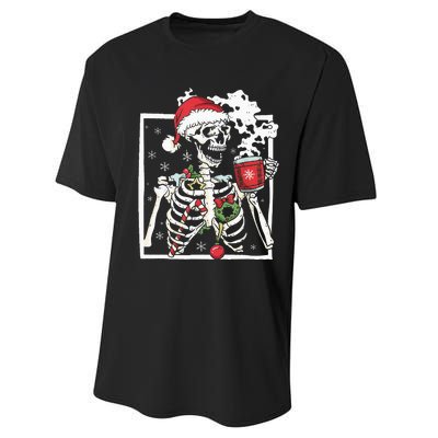 Christmas Skeleton With Smiling Skull Drinking Coffee Latte Performance Sprint T-Shirt