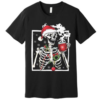 Christmas Skeleton With Smiling Skull Drinking Coffee Latte Premium T-Shirt