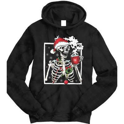 Christmas Skeleton With Smiling Skull Drinking Coffee Latte Tie Dye Hoodie