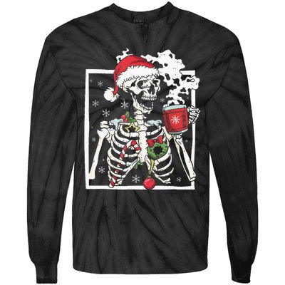 Christmas Skeleton With Smiling Skull Drinking Coffee Latte Tie-Dye Long Sleeve Shirt