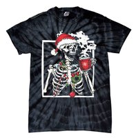 Christmas Skeleton With Smiling Skull Drinking Coffee Latte Tie-Dye T-Shirt