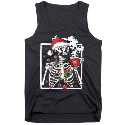 Christmas Skeleton With Smiling Skull Drinking Coffee Latte Tank Top