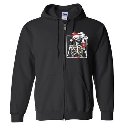 Christmas Skeleton With Smiling Skull Drinking Coffee Latte Full Zip Hoodie