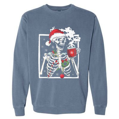 Christmas Skeleton With Smiling Skull Drinking Coffee Latte Garment-Dyed Sweatshirt