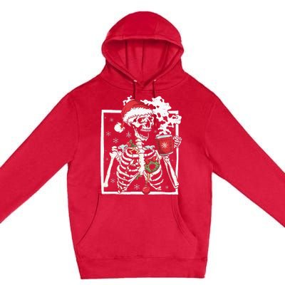 Christmas Skeleton With Smiling Skull Drinking Coffee Latte Premium Pullover Hoodie