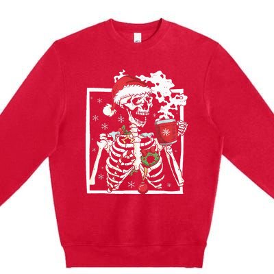 Christmas Skeleton With Smiling Skull Drinking Coffee Latte Premium Crewneck Sweatshirt