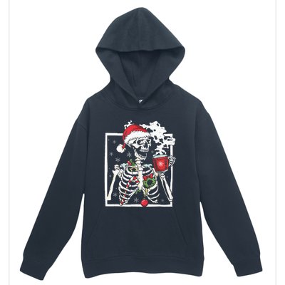 Christmas Skeleton With Smiling Skull Drinking Coffee Latte Urban Pullover Hoodie