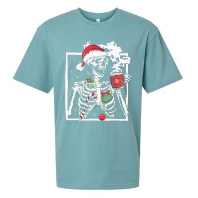 Christmas Skeleton With Smiling Skull Drinking Coffee Latte Sueded Cloud Jersey T-Shirt