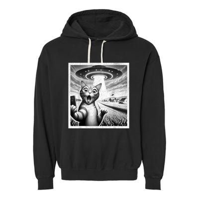 Cat Selfie With Alien Ufo Funny Cat For Women Garment-Dyed Fleece Hoodie