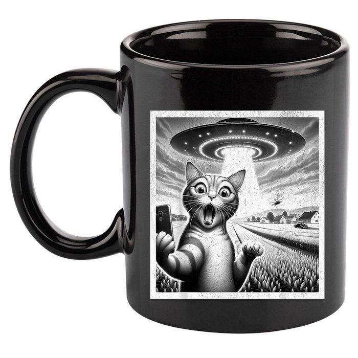Cat Selfie With Alien Ufo Funny Cat For Women 11oz C Handle Ceramic Mug