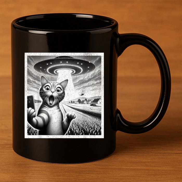 Cat Selfie With Alien Ufo Funny Cat For Women 11oz C Handle Ceramic Mug