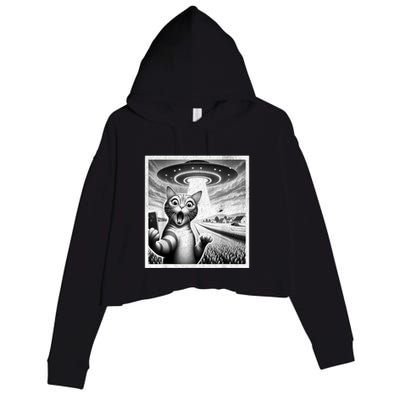 Cat Selfie With Alien Ufo Funny Cat For Women Crop Fleece Hoodie