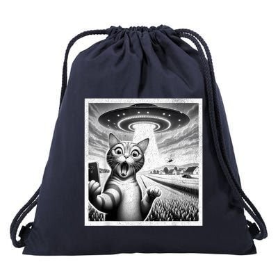 Cat Selfie With Alien Ufo Funny Cat For Women Drawstring Bag