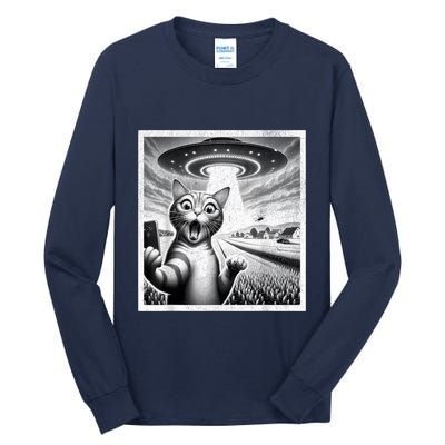 Cat Selfie With Alien Ufo Funny Cat For Women Tall Long Sleeve T-Shirt