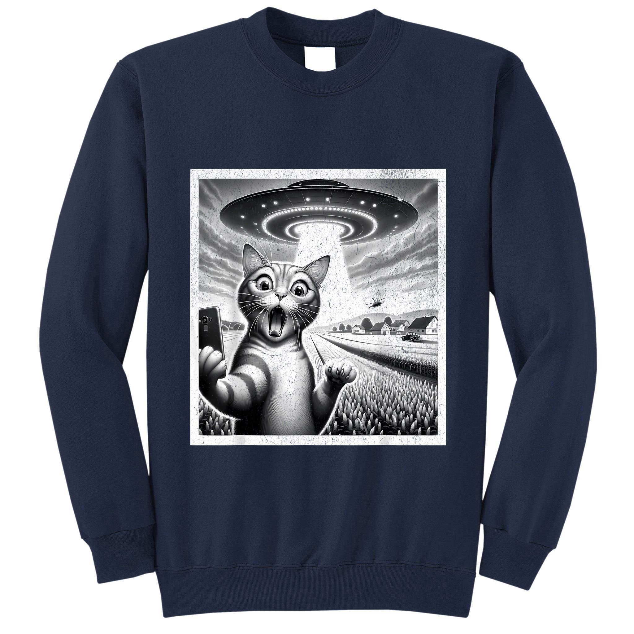Cat Selfie With Alien Ufo Funny Cat For Women Tall Sweatshirt