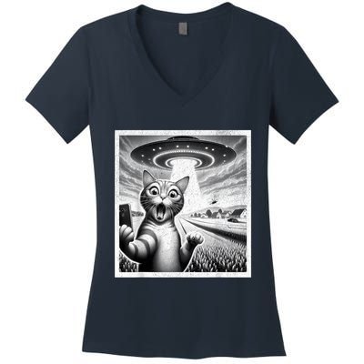 Cat Selfie With Alien Ufo Funny Cat For Women Women's V-Neck T-Shirt