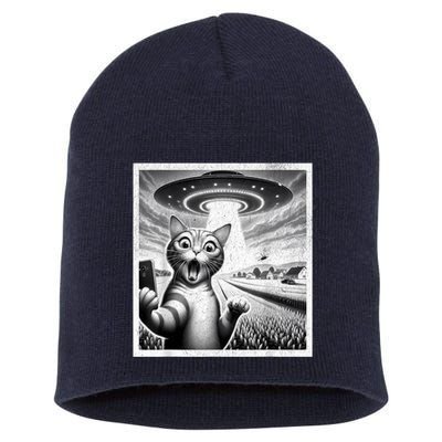 Cat Selfie With Alien Ufo Funny Cat For Women Short Acrylic Beanie
