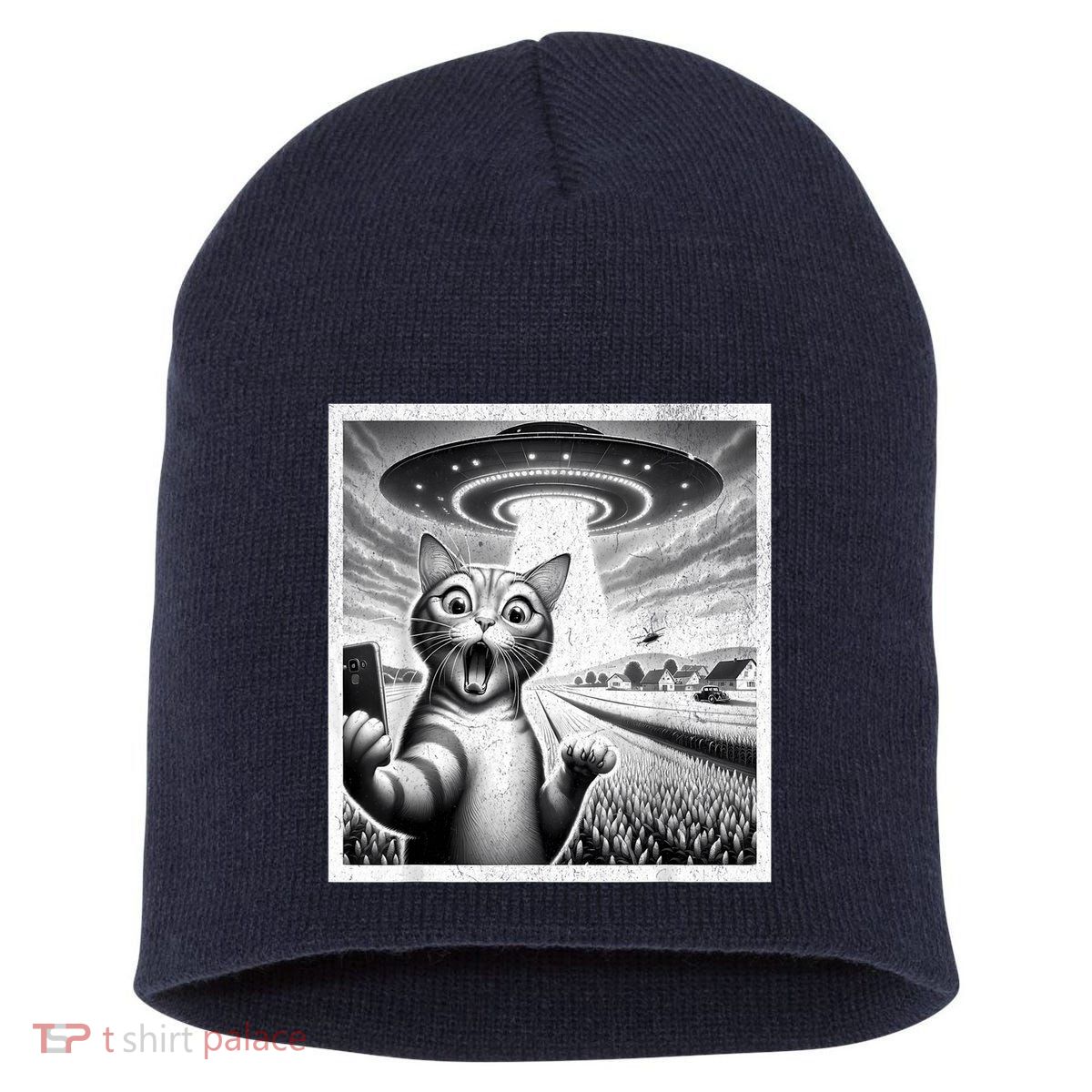 Cat Selfie With Alien Ufo Funny Cat For Women Short Acrylic Beanie