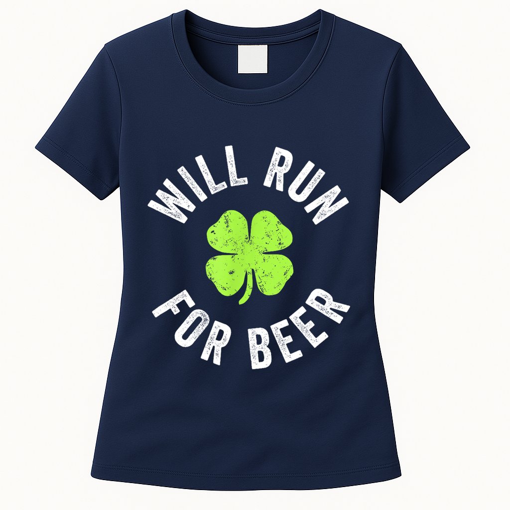 Cute Shamrock Will Run For Beer Funny St. Patricks Day Gift Womens T-Shirt