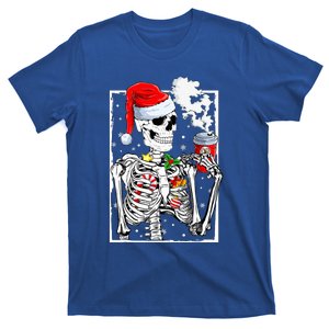 Christmas Skeleton With Smiling Skull Drinking Coffee Latte  T-Shirt