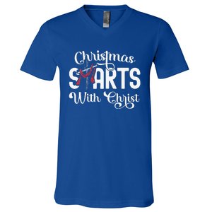 Christmas Starts With Christ Cross Jesus Christian V-Neck T-Shirt