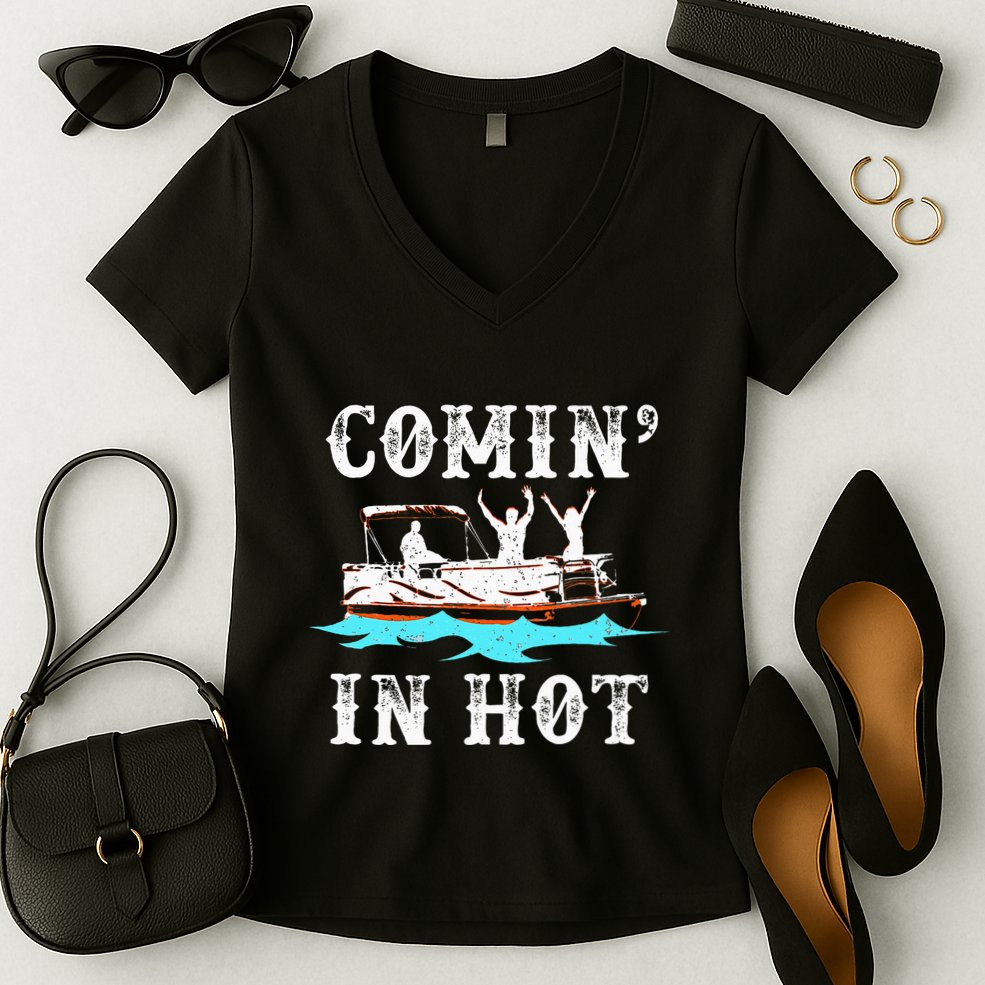 Comin In Hot Funny Pontoon Boat River Lake Boating Gift Idea Women's V-Neck T-Shirt