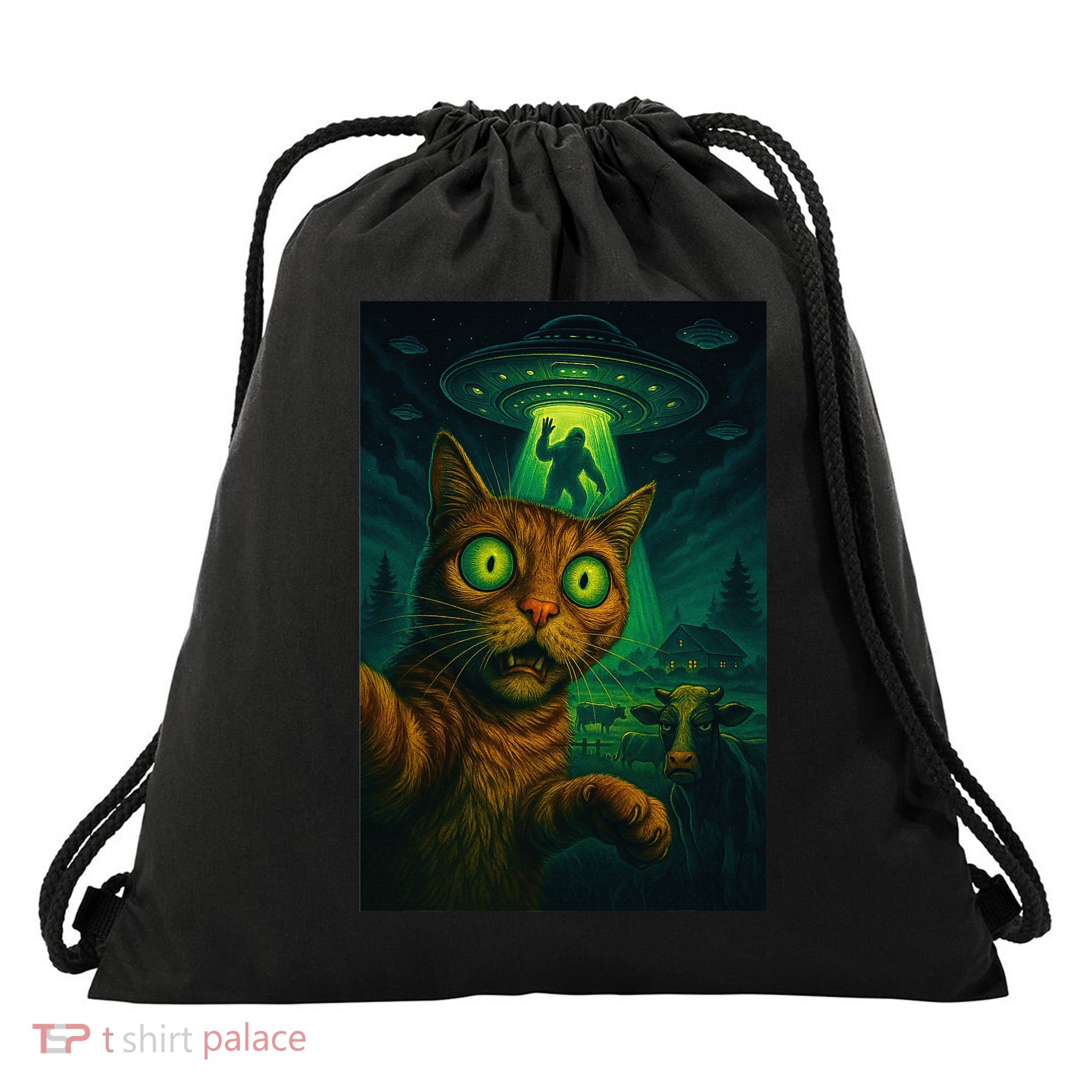 Cat Selfie With Alien Ufo Funny Cat Gifts For Women Drawstring Bag