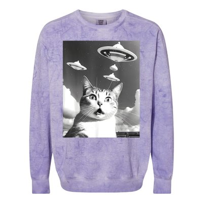 Cat Selfie With Alien UFO Spaceship Funny Cat Lovers Colorblast Crewneck Sweatshirt