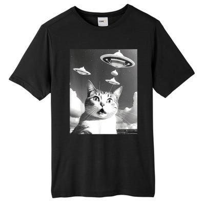 Cat Selfie With Alien UFO Spaceship Funny Cat Lovers Tall Fusion ChromaSoft Performance T-Shirt