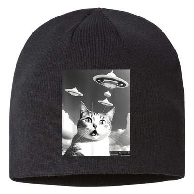 Cat Selfie With Alien UFO Spaceship Funny Cat Lovers Sustainable Beanie