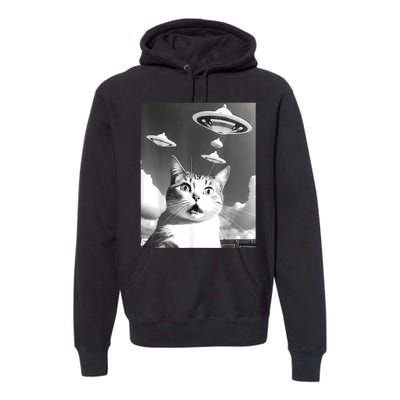 Cat Selfie With Alien UFO Spaceship Funny Cat Lovers Premium Hoodie