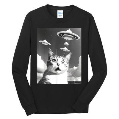 Cat Selfie With Alien UFO Spaceship Funny Cat Lovers Tall Long Sleeve T-Shirt