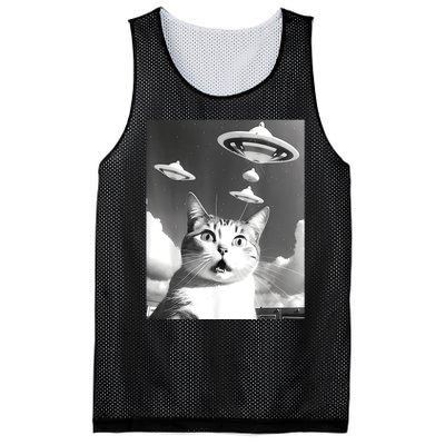 Cat Selfie With Alien UFO Spaceship Funny Cat Lovers Mesh Reversible Basketball Jersey Tank