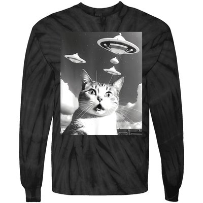 Cat Selfie With Alien UFO Spaceship Funny Cat Lovers Tie-Dye Long Sleeve Shirt