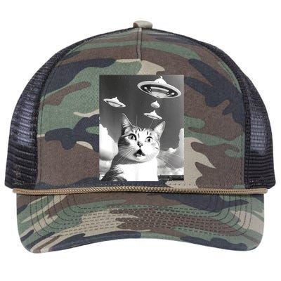 Cat Selfie With Alien UFO Spaceship Funny Cat Lovers Retro Rope Trucker Hat Cap