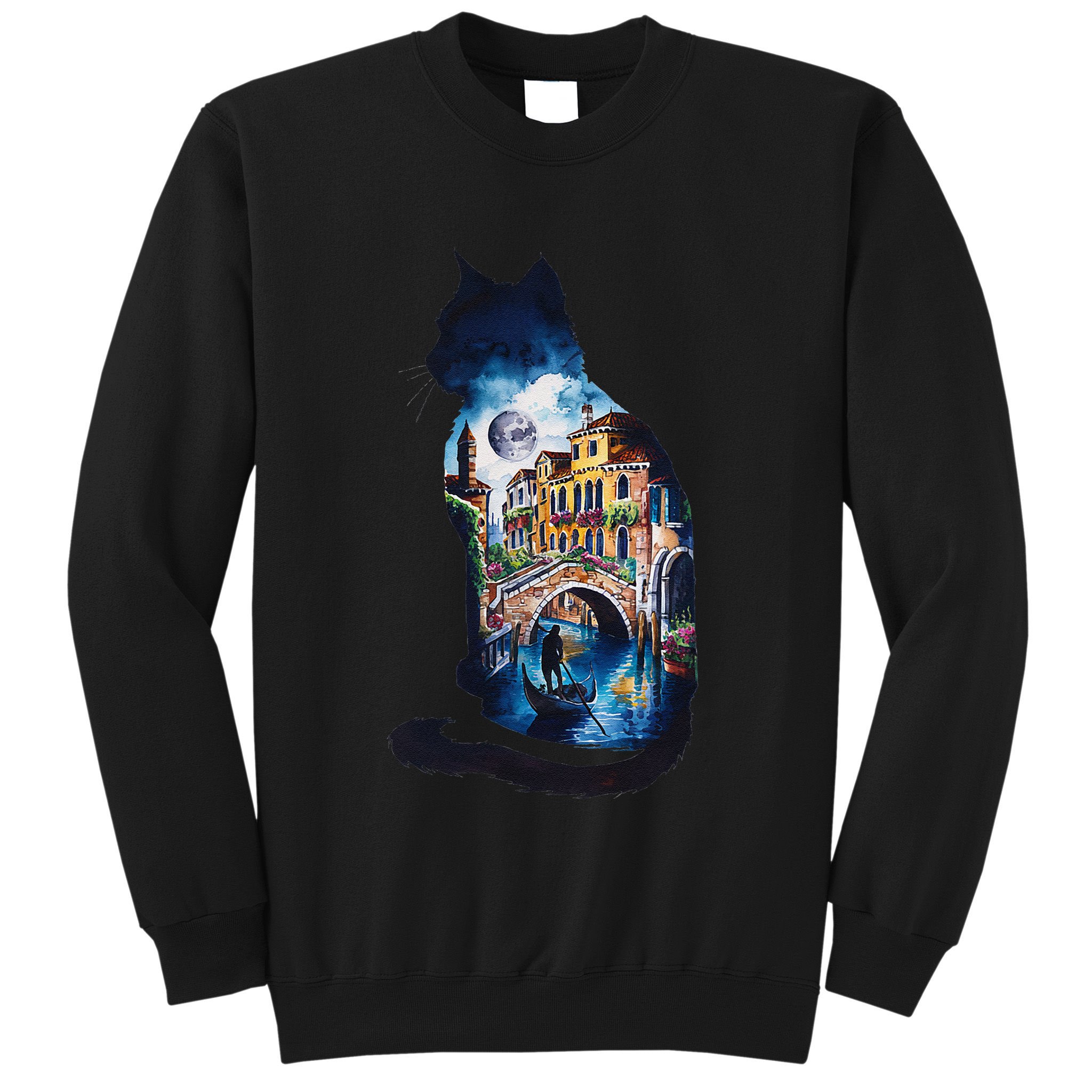 Cat Silhouette Watercolor Venice At Night Sweatshirt