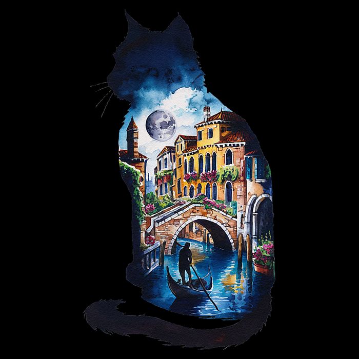 Cat Silhouette Watercolor Venice At Night Sweatshirt