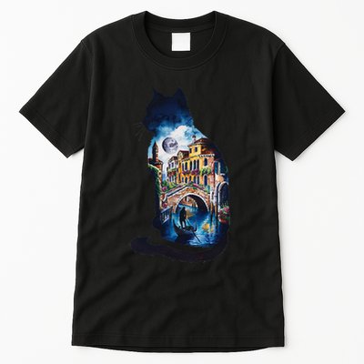 Cat Silhouette Watercolor Venice At Night Tall T-Shirt