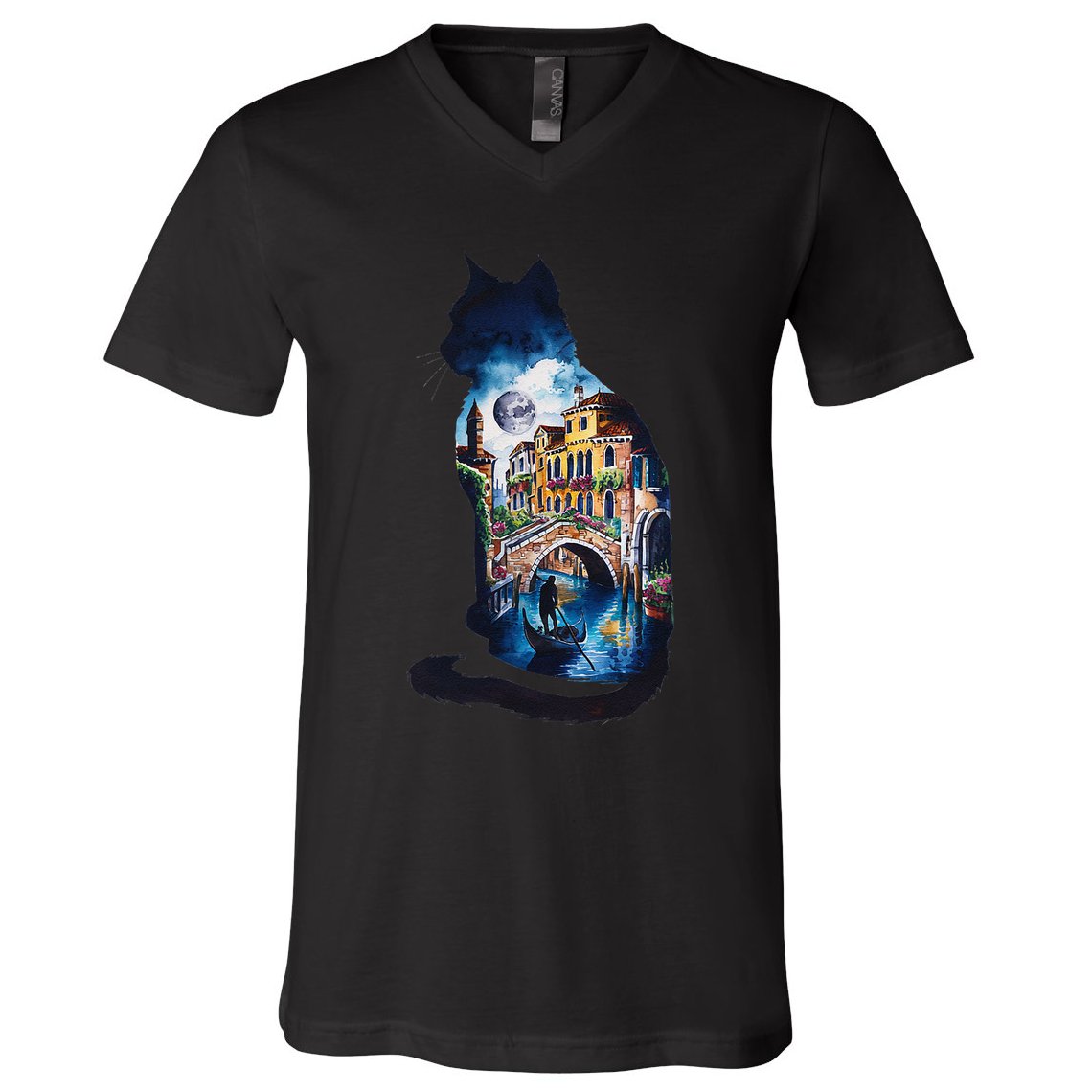 Cat Silhouette Watercolor Venice At Night V-Neck T-Shirt