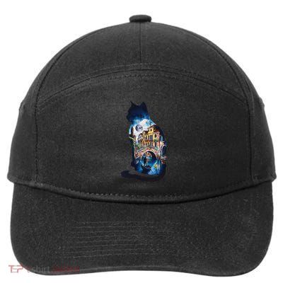Cat Silhouette Watercolor Venice At Night 7-Panel Snapback Hat