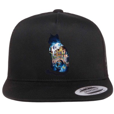 Cat Silhouette Watercolor Venice At Night Flatbill Hat