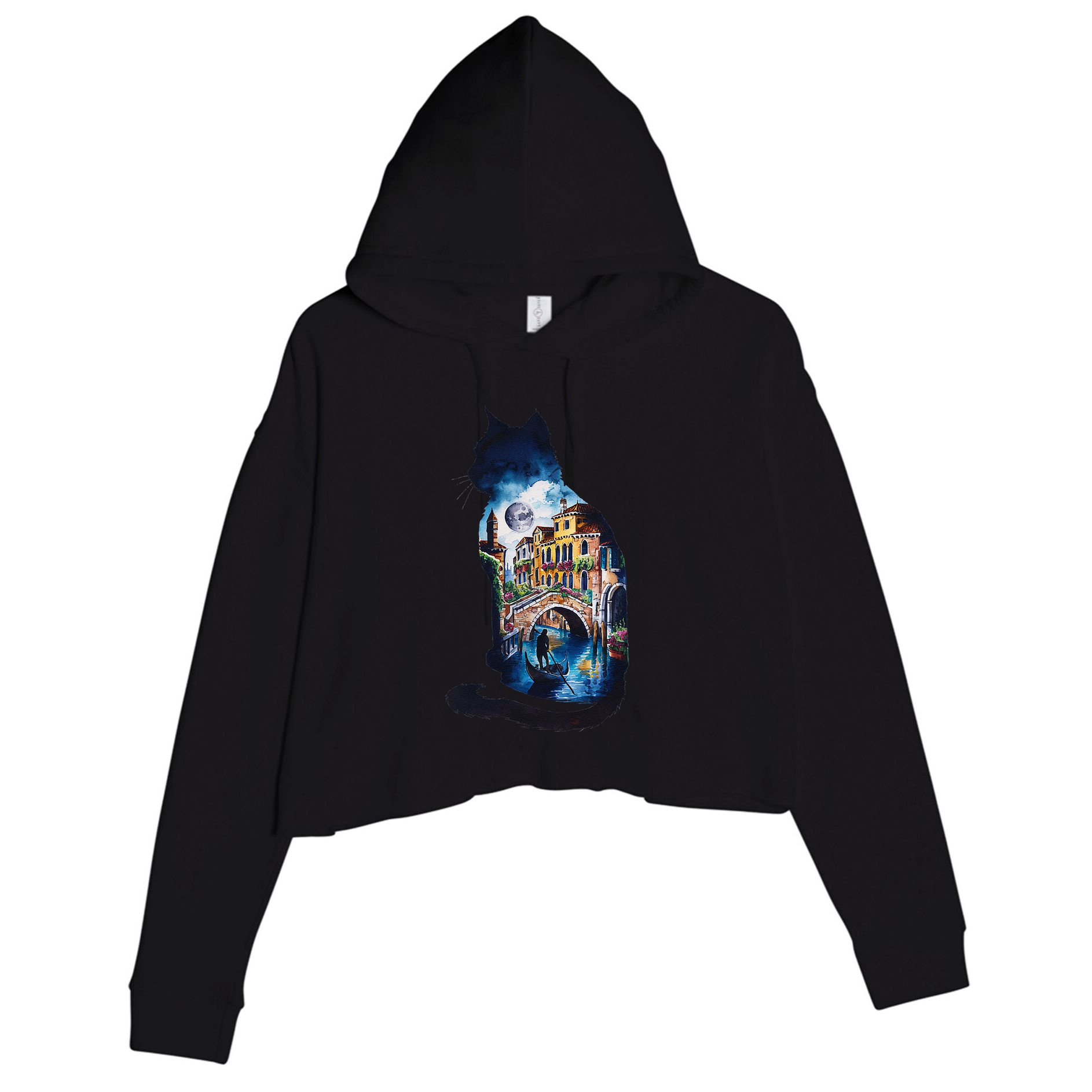 Cat Silhouette Watercolor Venice At Night Crop Fleece Hoodie