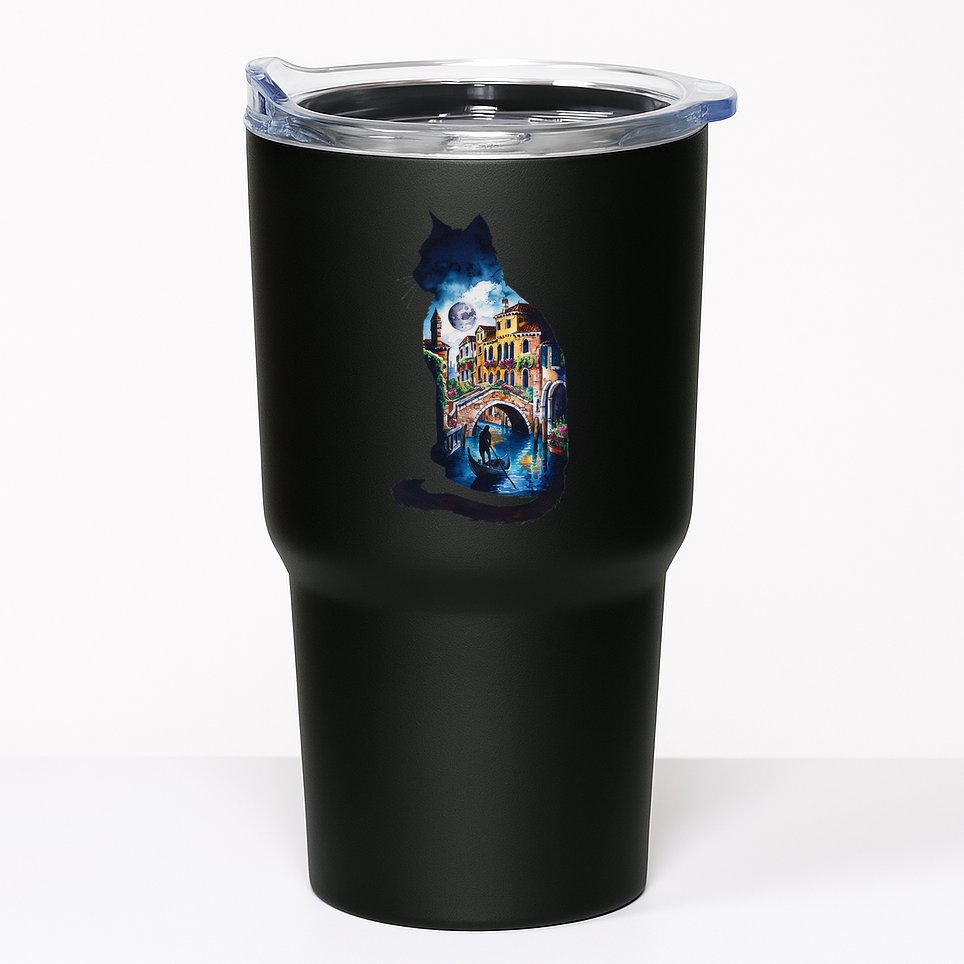 Cat Silhouette Watercolor Venice At Night Tumbler